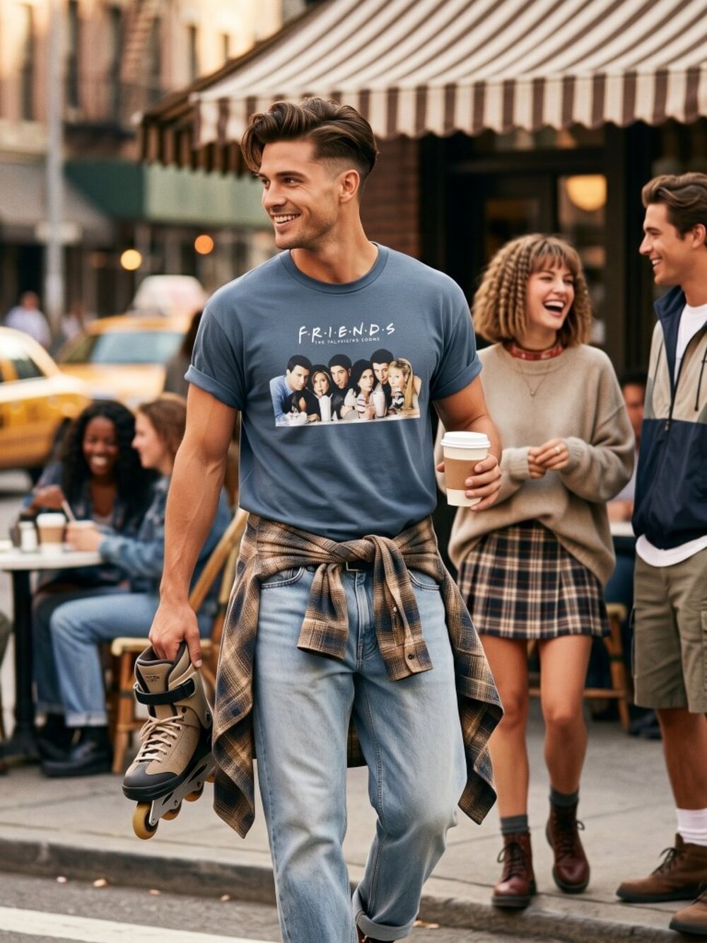 Friends Men Large Graphic Tee Blue Cotton Blend Cast Photo Shirt Iconic Y2K